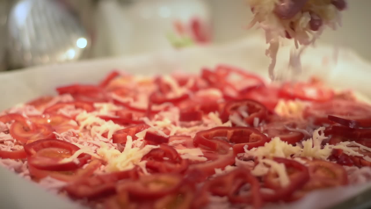 Female hands adding cheese into a raw pizza. Slow motion