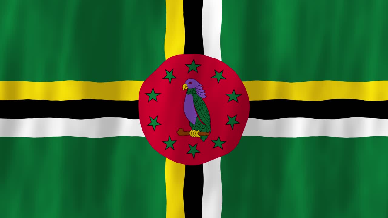 Dominica flag country animation 3D symbol design waving in wind movement national patriotism world culture emblem banner Caribbean island green yellow white black stripes