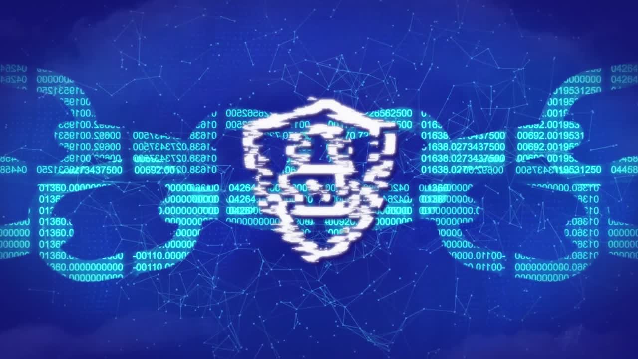 Animation of network of connections with icons and shapes rotating brain over blue background