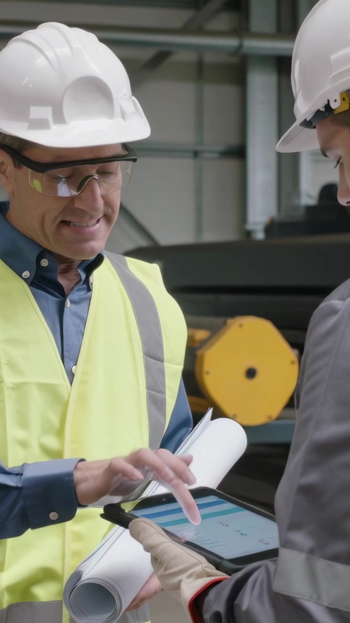 Vertical video: Reviewing plans left tech tapping tablet pointing to roller in plant for check vest