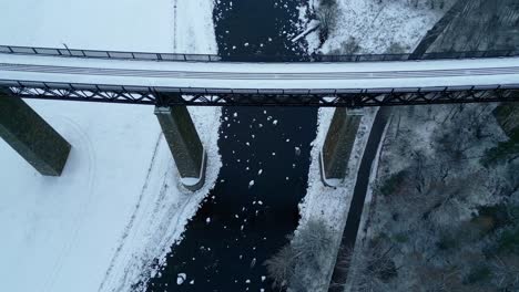 looking directly down from findhorn viaduct icy river and snow covered landscape