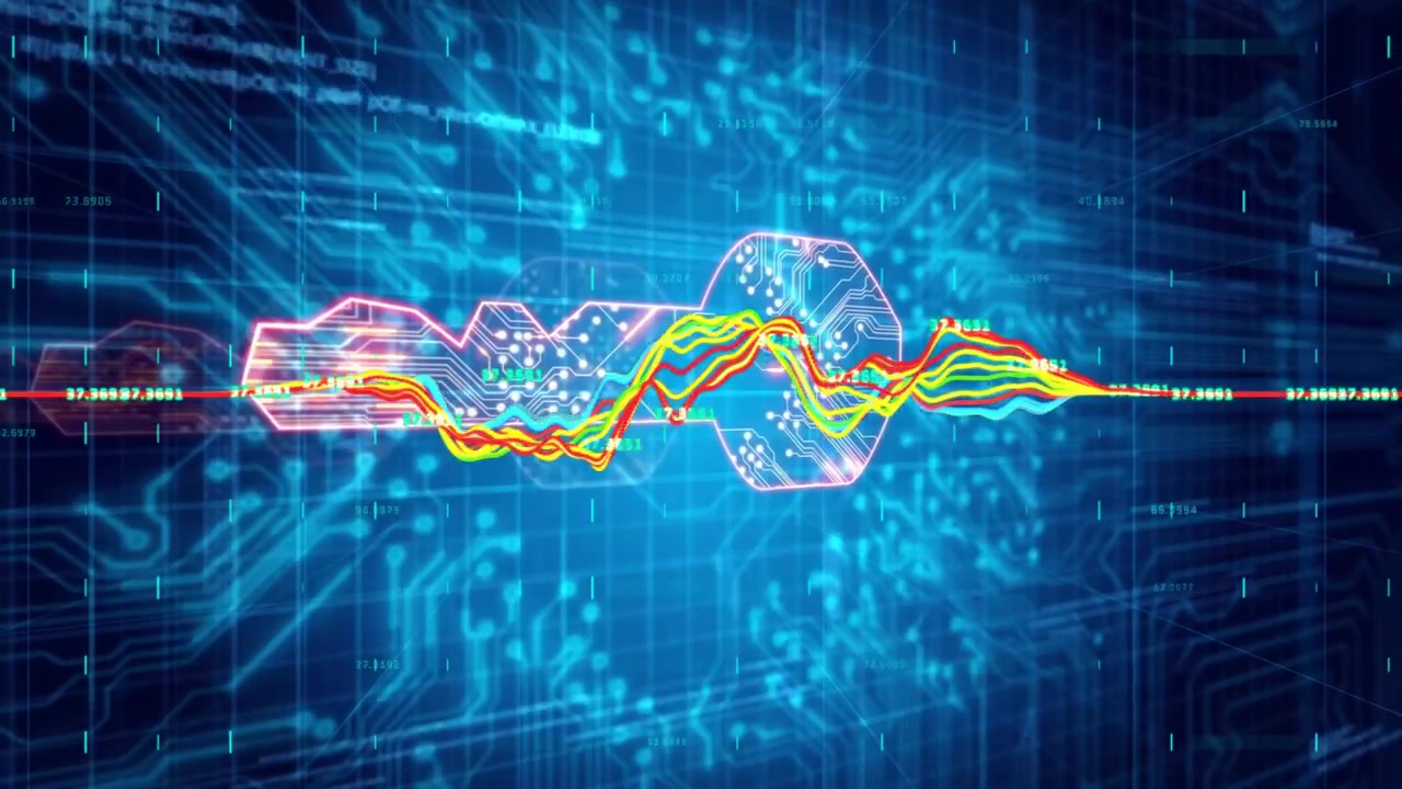 Central glow pulsing color wave moving right layering traces adding hexagons zooming showing data
