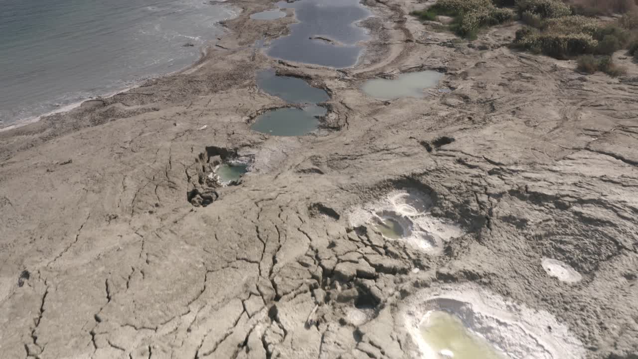 Aerial view of salt pools and cracked earth