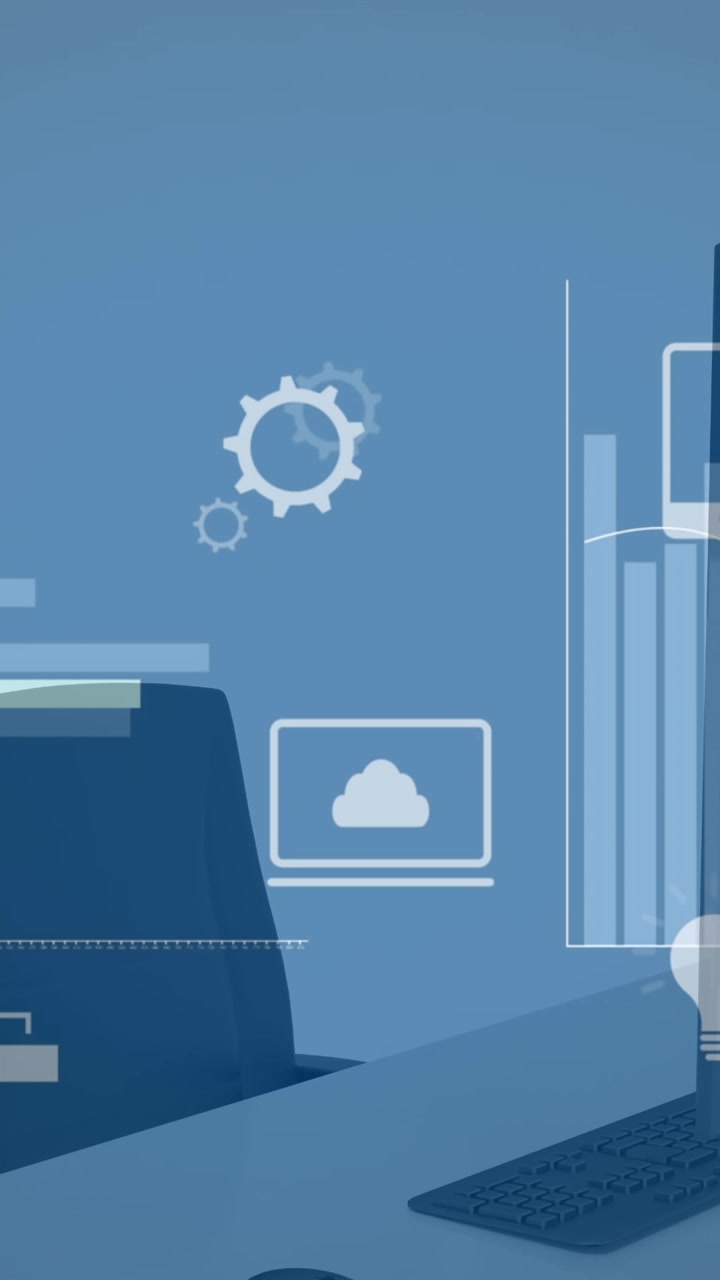 Animation of financial data processing over desk in office
