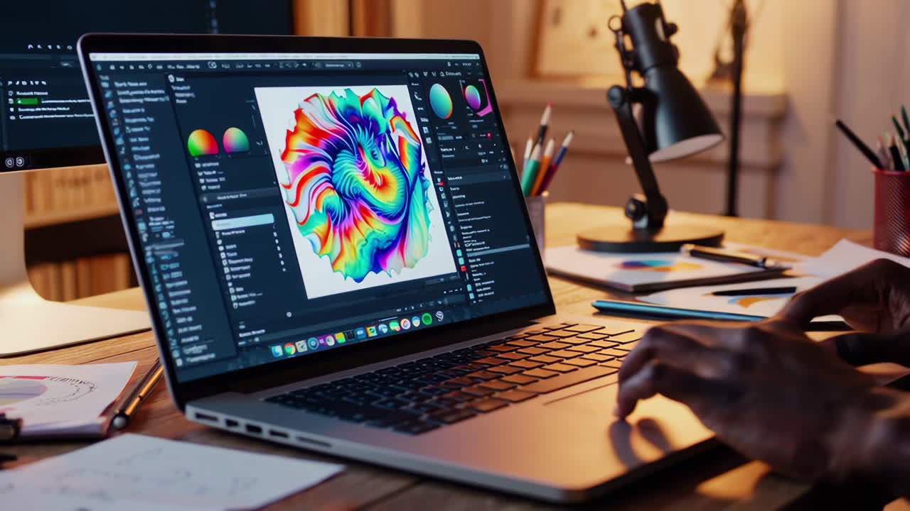 노트북에서 일하는 그래픽 디자이너