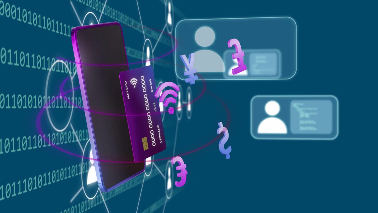 Card aligning over phone, emitting purple trails and sending currencies to user panels for payments