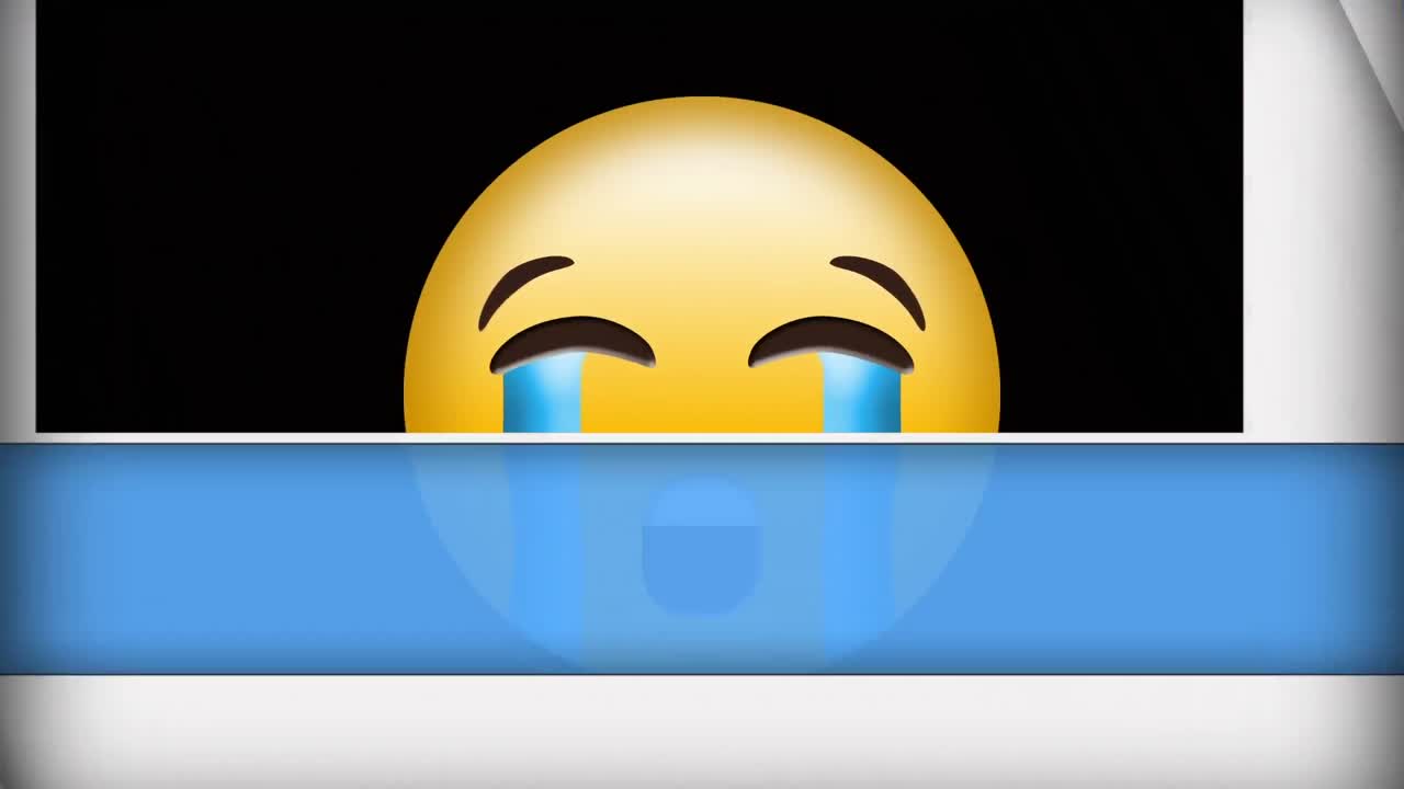 Animation of sad emoji icon over blue and white moving lines on black background
