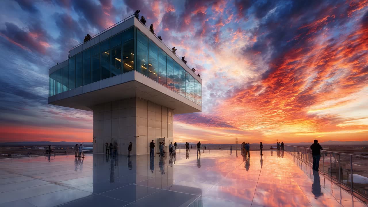 Breathtaking Sunset View from Observation Deck: A Stunning Perspective of a Rooftop Pavilion Against the Vibrant Sky, Illuminated by Breathtaking Colors and Reflections