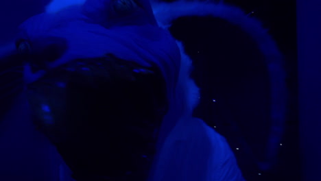 slow motion: inside a creepy haunted house during halloween with black lights and strobes, mannequins, skulls, clowns, evil rabbits, and spooky designs