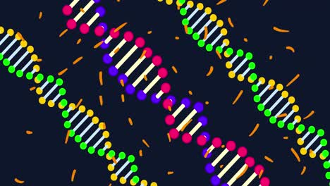 Animation-of-colorful-dna-strands-with-orange-specks-on-black-background