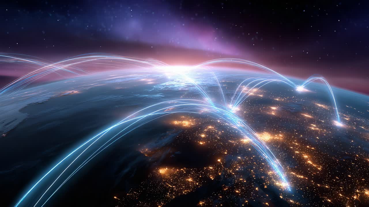 A captivating visual representation of global connectivity, showcasing illuminated urban areas on Earth while intricate blue light trails symbolize the expansive network of communication and data exchange across regions in the digital age