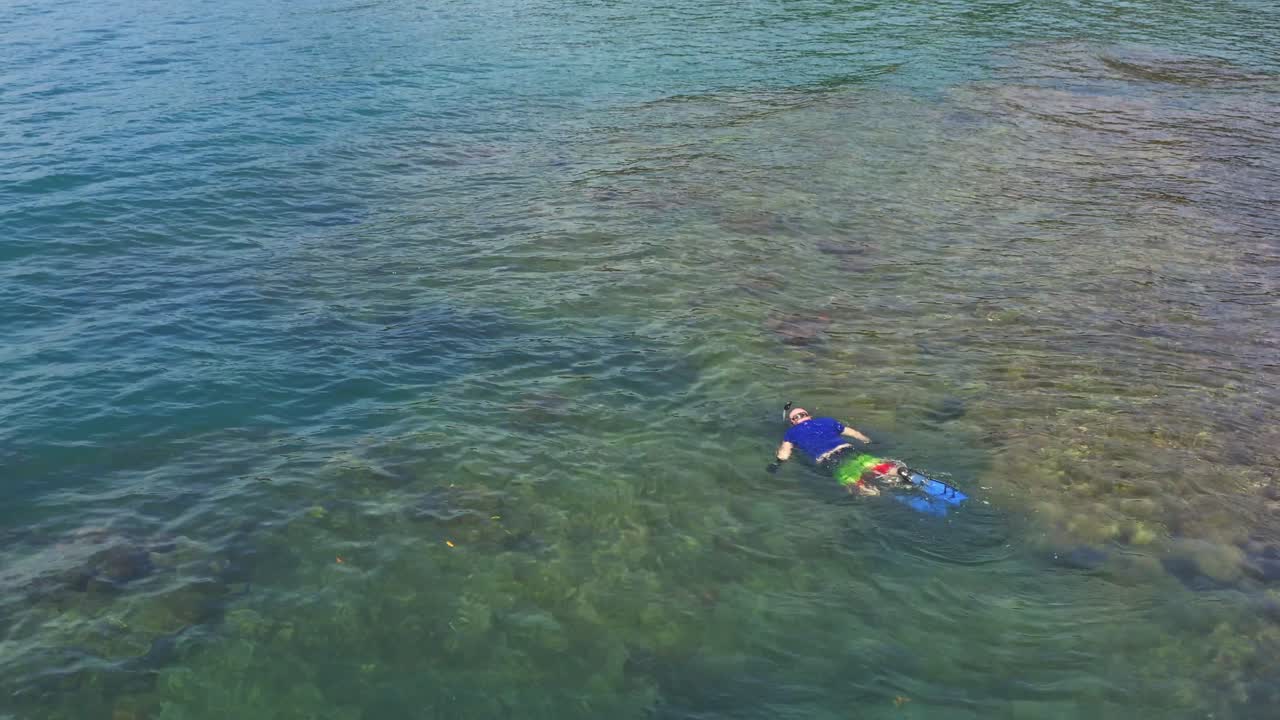 청록색 파나마 섬 산호초 바다에서 남자 스노클링 위의 공중보기