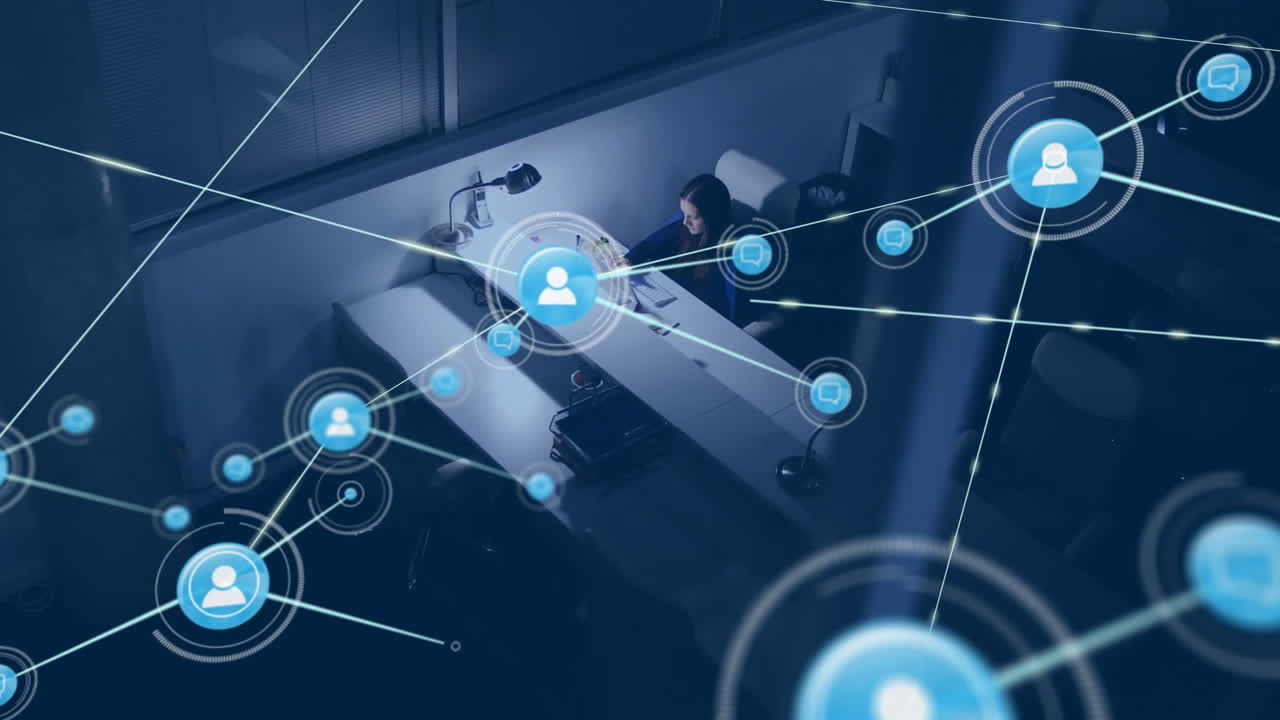 animación de la red de conexiones con iconos sobre la oficina