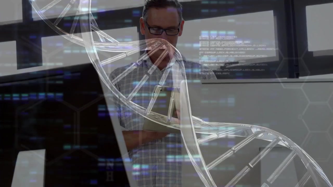 Scientist stepping and tapping tablet triggered by DNA helix with code overlay analyzing gene data