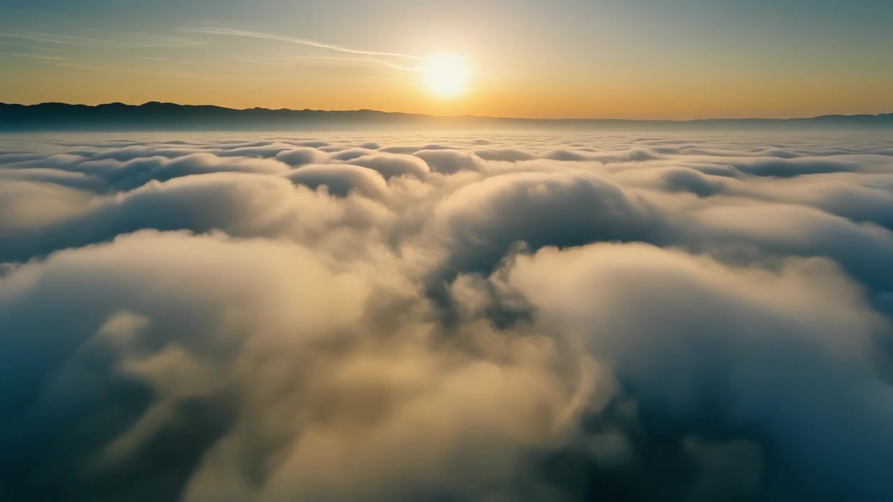 Vista aerea di un tramonto dorato sopra un denso mare di nuvole