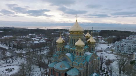 aerial establishing view of orthodox , wide orbiting drone shot