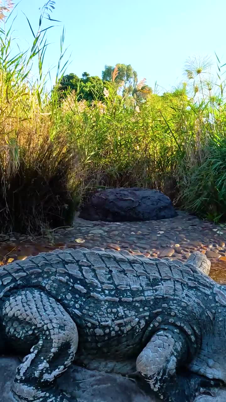 Vattenfontäner och krokodilskulptur i en frodig djurparksmiljö.