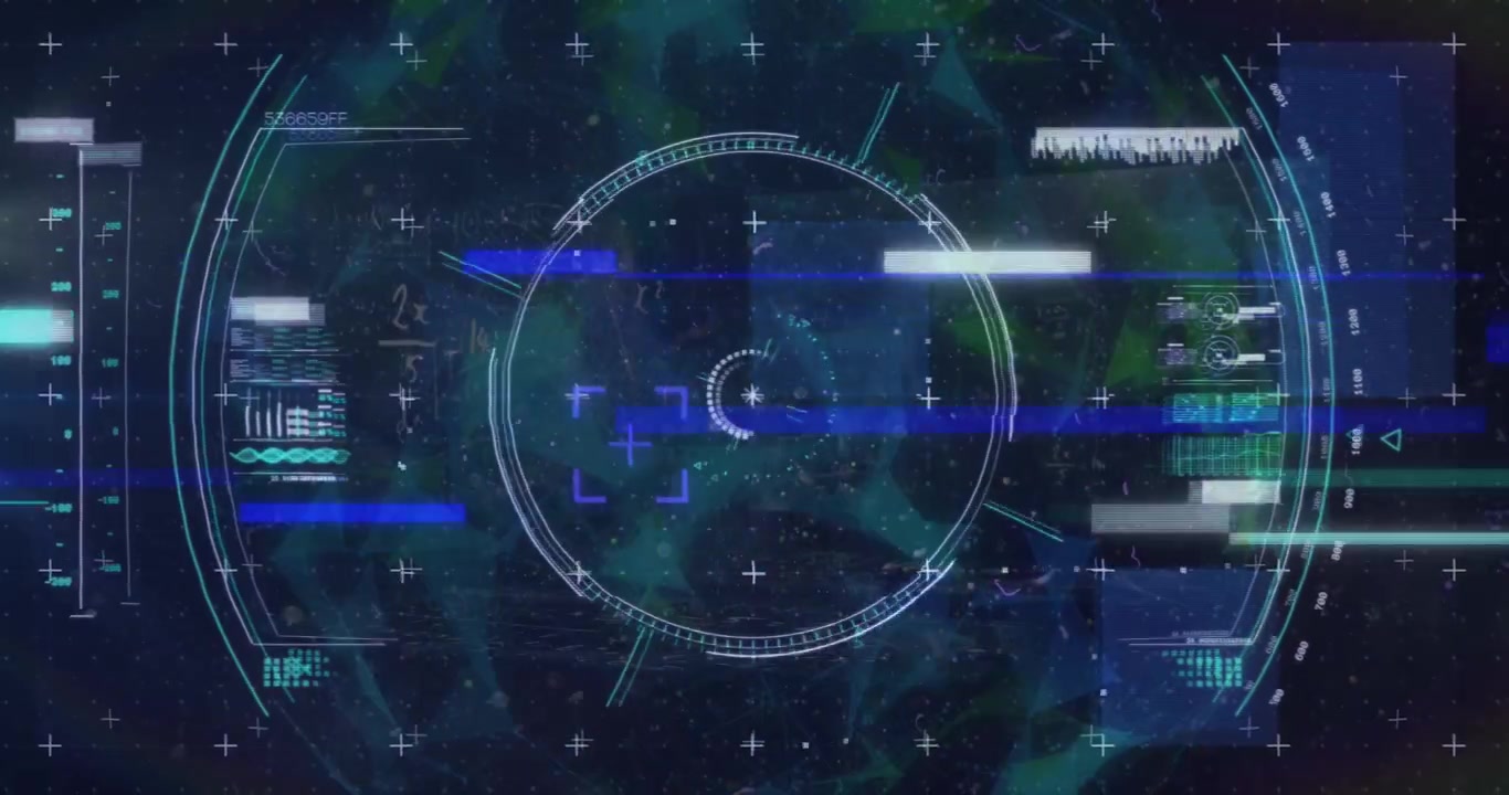Animation of viewfinder, data and glitch in black digital space