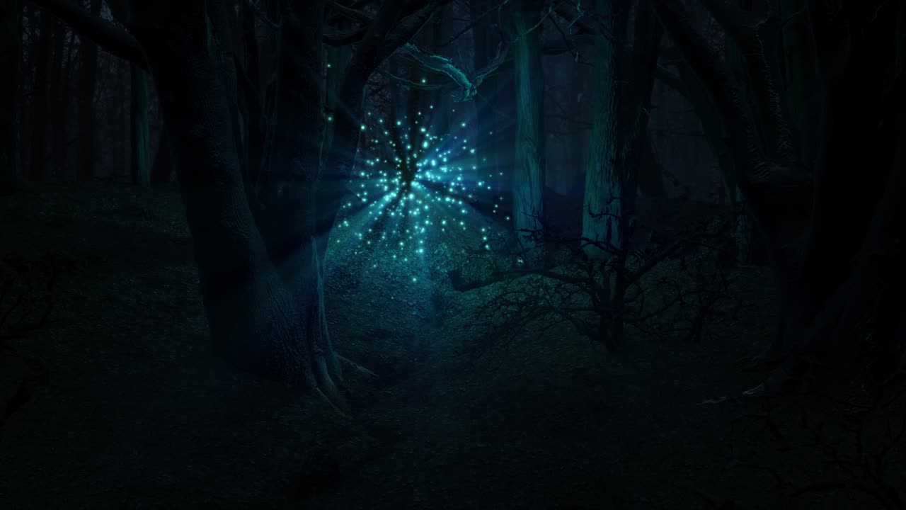 마법에 걸린 숲 속의 마법 같은 밤, 반짝이는 작은 푸른 요정의 구름에서 푸른 빛으로 밝혀지고, 전경으로 날아가서 날아갈 때 신나게 펄럭입니다.