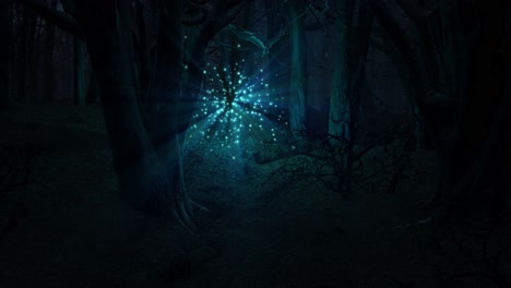 A-magical-night-in-the-Enchanted-Woods,-lit-up-with-a-blue-glow-from-glittering-cloud-of-tiny-blue-faires,-fluttering-excitedly,-as-one-flies-out-to-the-foreground-and-flies-off