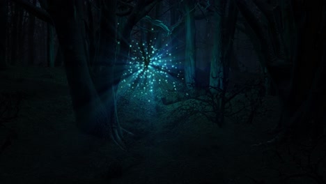 a magical night in the enchanted woods, lit up with a blue glow from glittering cloud of tiny blue faires, fluttering excitedly, as one flies out to the foreground and flies off