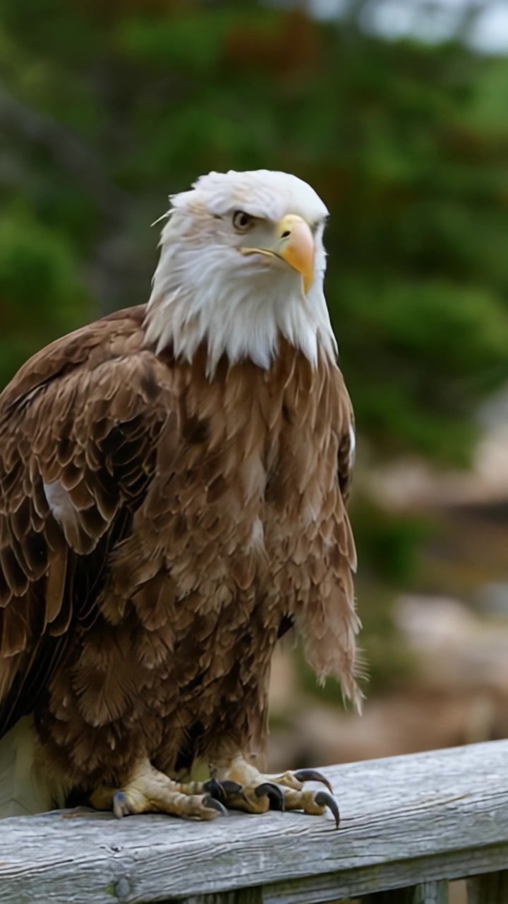 Majestueux pygargue à tête blanche perché sur une rampe en bois, dévoilant son plumage distinctif et son regard perçant dans un cadre naturel luxuriant