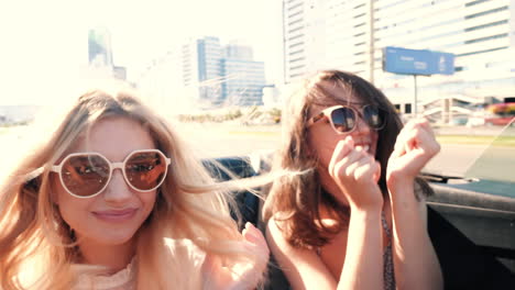 two friends enjoying a road trip in a convertible