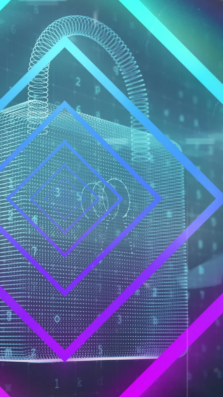 animación de formas geométricas de neón azul y rosa sobre el candado de seguridad