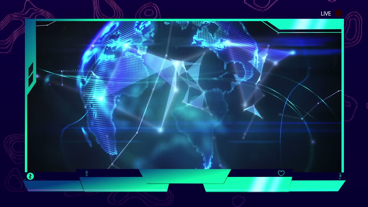 디지털 글로브 애니메이션은 파란색 배경에 글로벌 네트워크 연결을 보여줍니다.