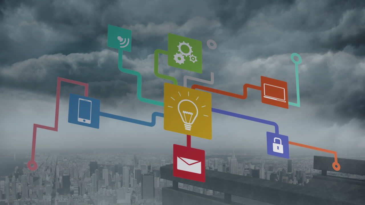 Network of connected devices and data processing animation over cityscape with stormy clouds