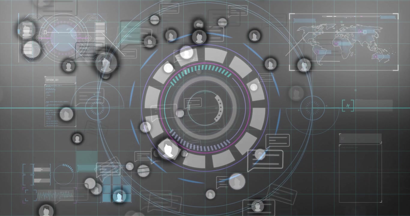 Central circular HUD display rotating in scene, showing floating avatar icons and data panels
