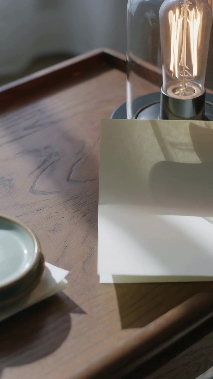Vertical video: Glowing filament lamp over papers on tray, camera shifting to reveal grain and dish