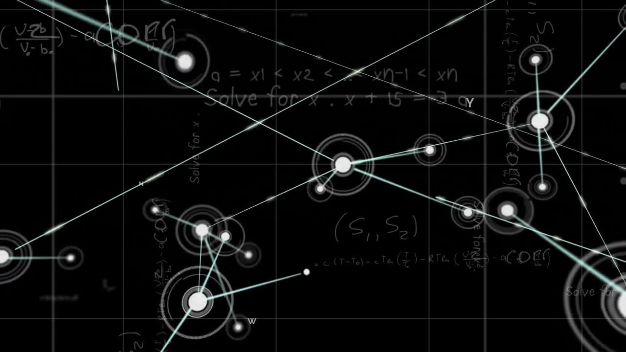 Animation of interconnected nodes with mathematical equations in school setting