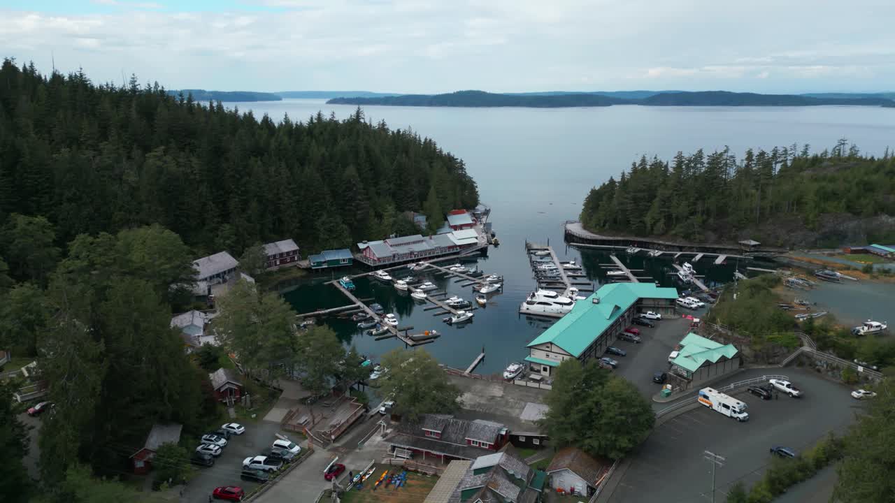 aerial shot above Telegraph Cove near Port Mcneill in the north of Vancouver Island, British Columbia, Canada