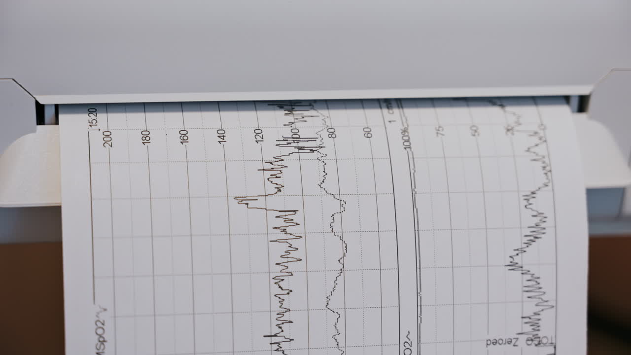 Close-up of a fetal monitor in a doctor's office, displaying fetal heart rate and uterine contraction data during a prenatal check-up