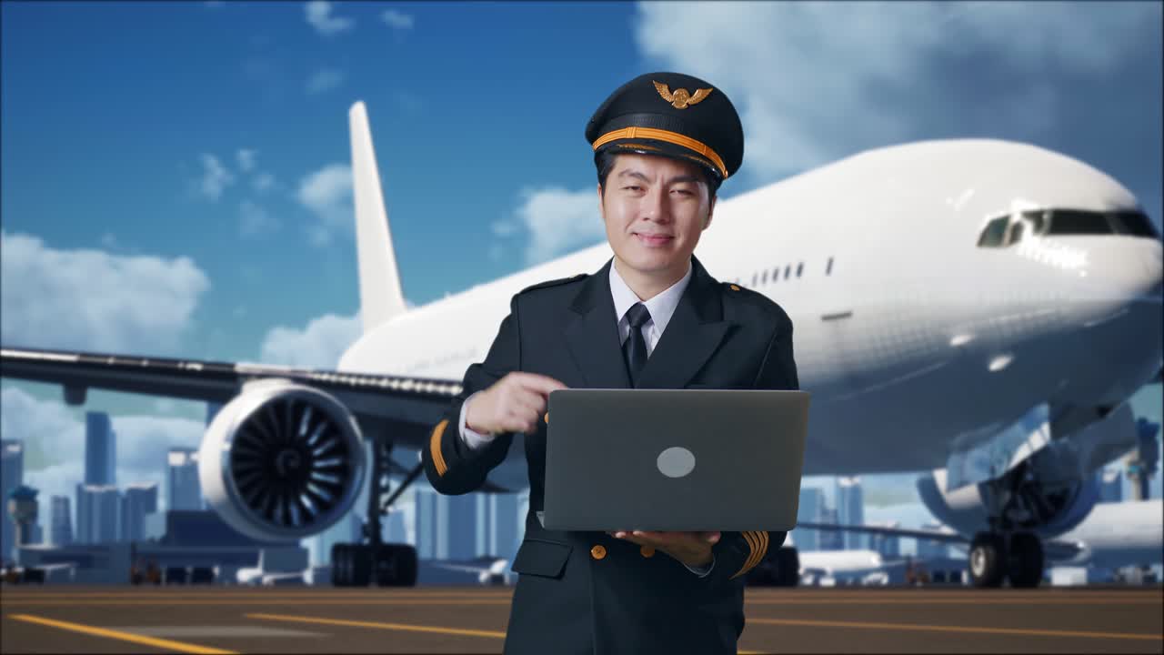 아시아인 조종사가 미소 짓고 손에 노트북을 가리키며 배경에 비행기가 있는 공항에 서 있습니다.