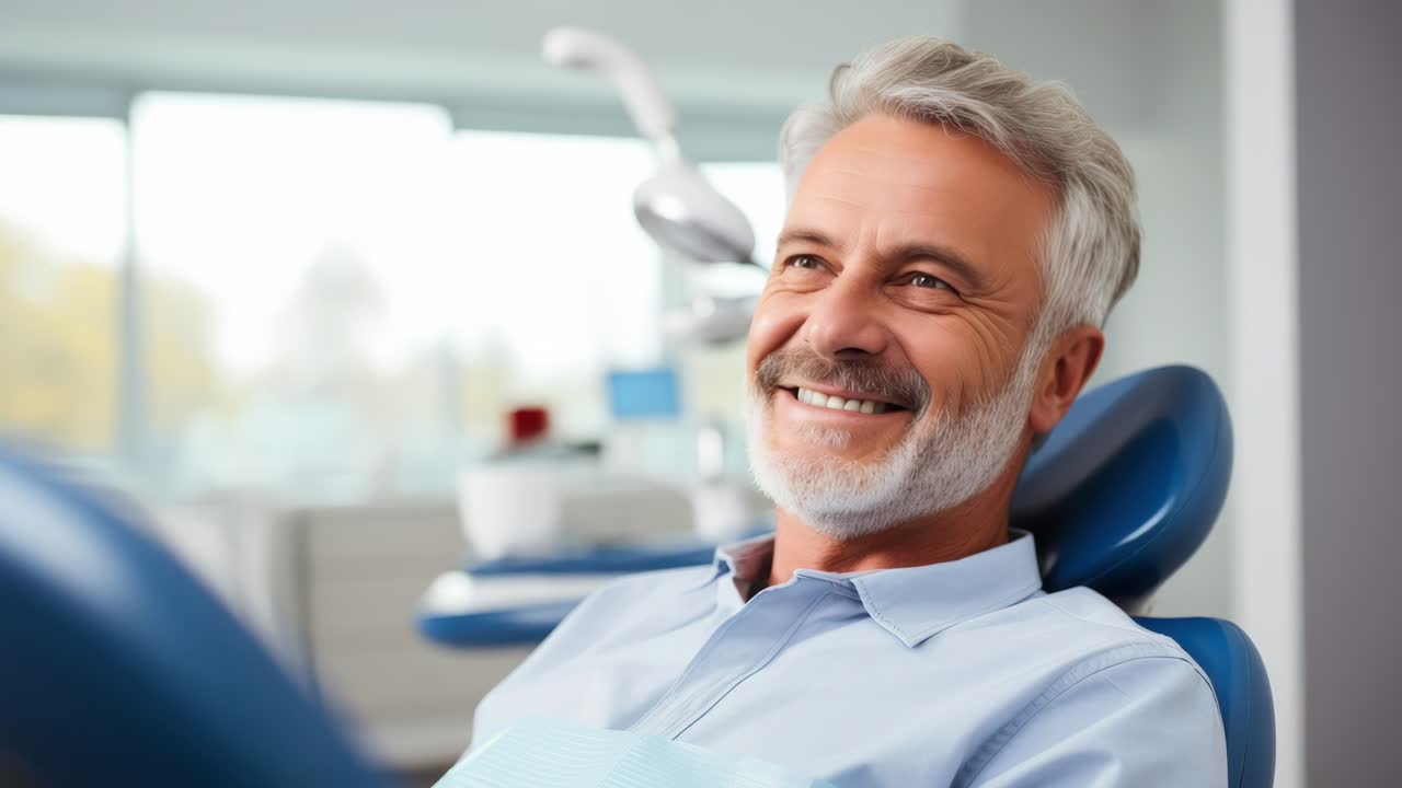 Hombre mayor feliz sonriendo en un sillón dental