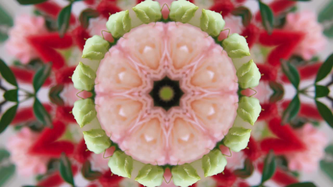 patrones multicolores en forma de un caleidoscopio floral, tonos rojos y verdes, patrón psicodélico