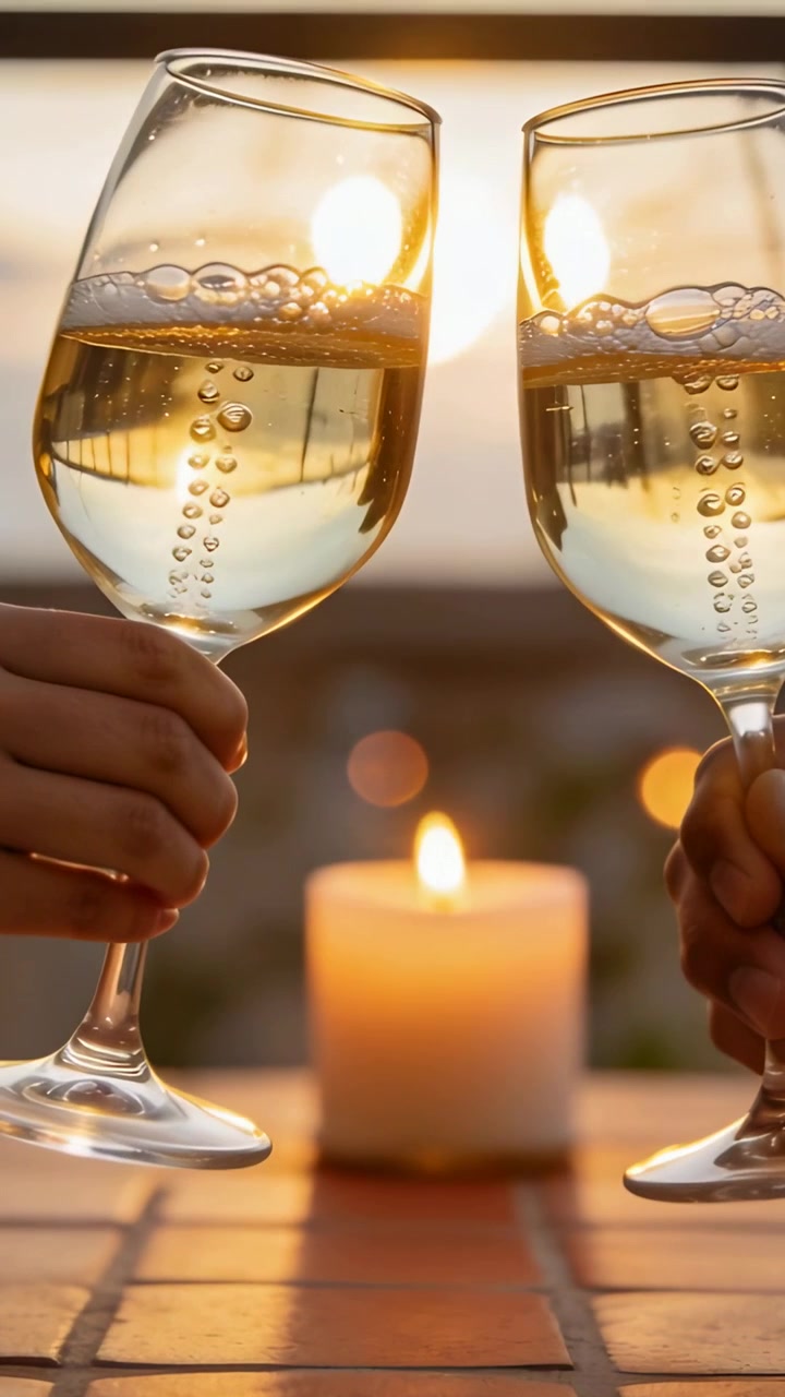 Vertical video: Raising two stem wine glasses two hands clinking for patio sunset toast candle lit