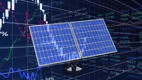 Finanzdatenverarbeitung-über-Solarpaneele-Vor-Börsendatenverarbeitung-Auf-Blauem-Hintergrund