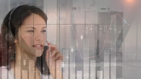 Animation-of-financial-and-statistic-data-processing-over-businesswoman-wearing-phone-headset