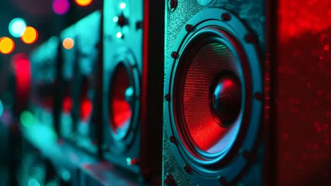 a row of speakers sitting on top of a shelf in a room