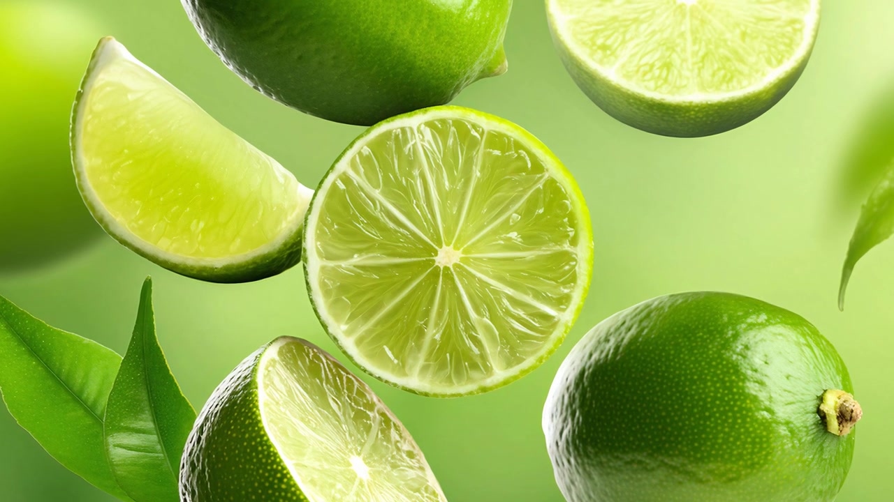 Fresh whole and sliced limes falling with green leaves