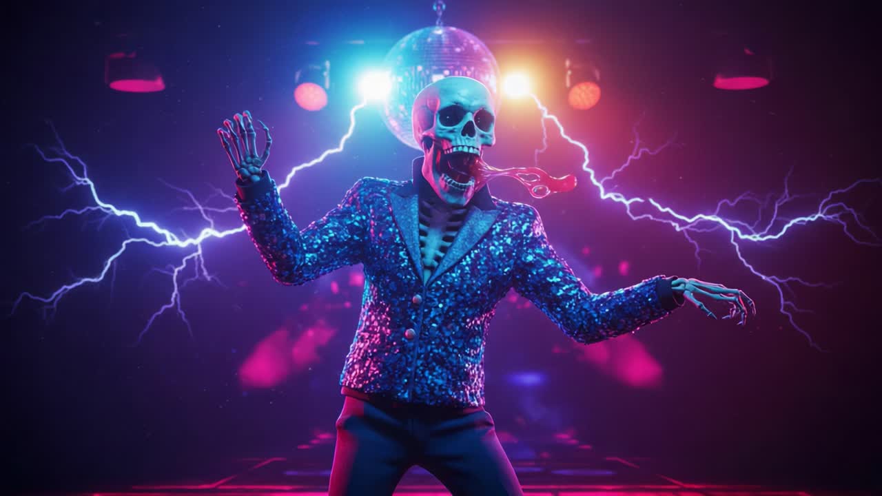 A dazzling skeleton performer grooving under a sparkling disco ball, bringing a vibrant fusion of light and electrifying energy to a captivating dance floor atmosphere