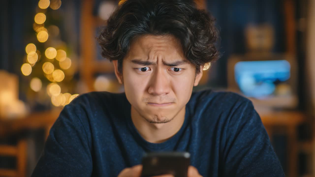 A Young Man's Intense Focus and Concern While Using His Phone in a Cozy Atmosphere with Festive Lights in the Background