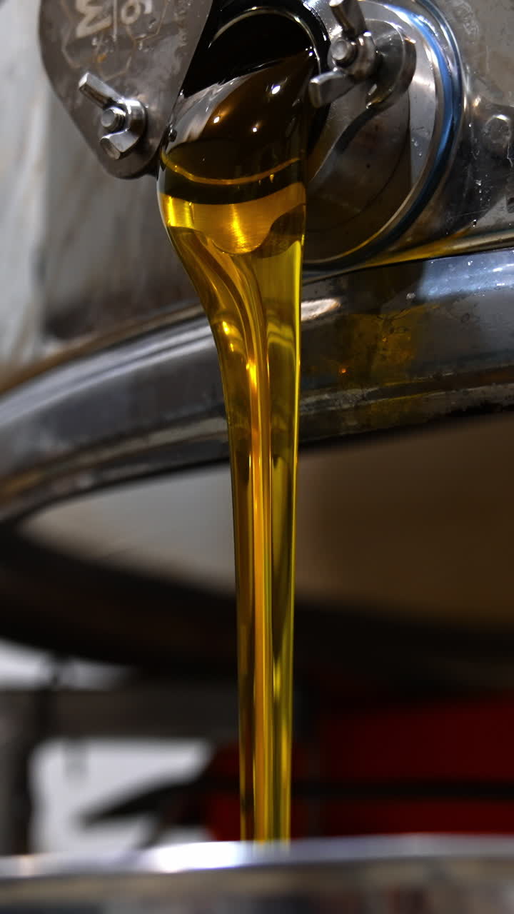 Honey freshly picked from frames and flowing from centrifuge machine. Close up. Process of gathering honey at apiary. Vertical video