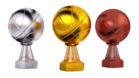 front view of basketball gold silver and bronze trophies in infinite rotation