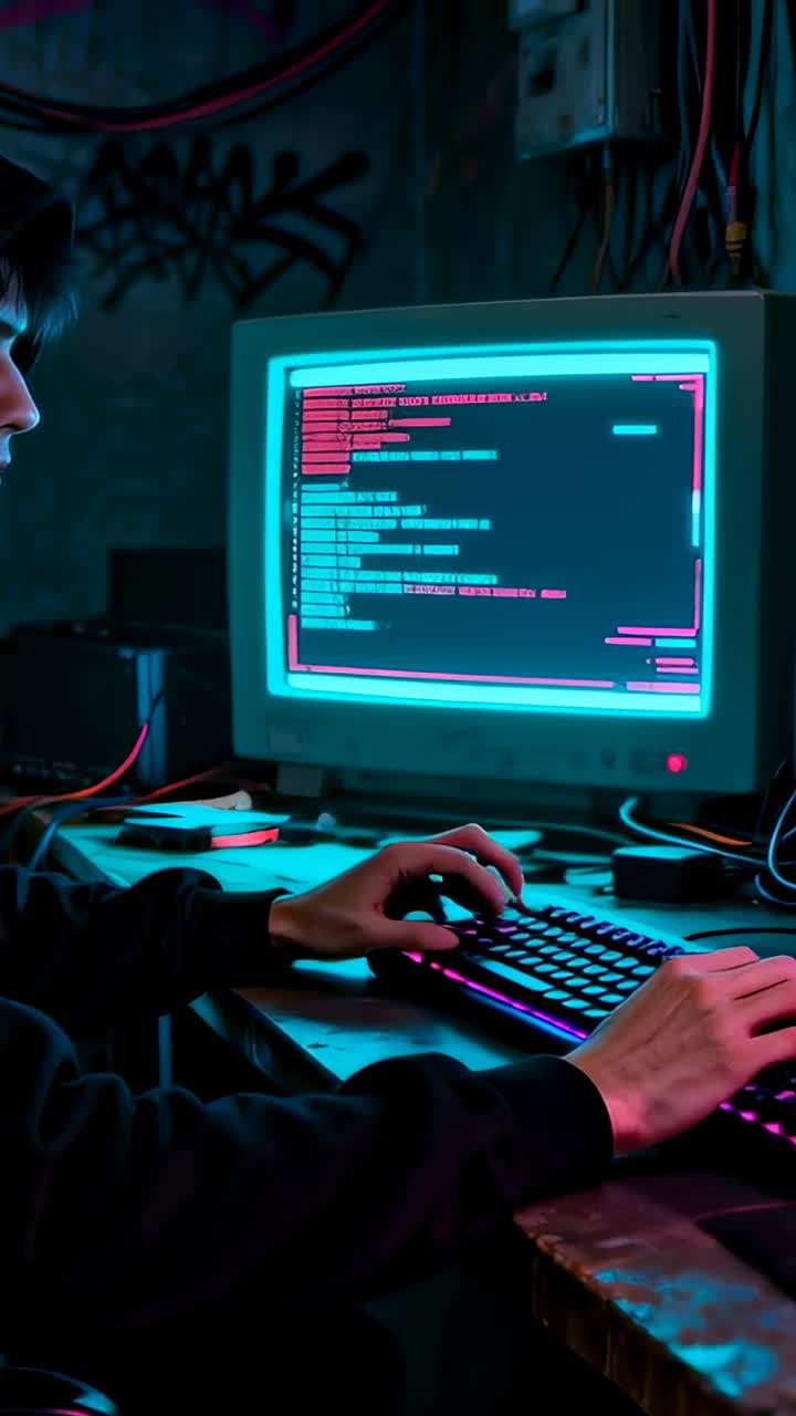 Vertical video: Typing man in dark hoodie responding to terminal at desk, CRT monitor and keyboard