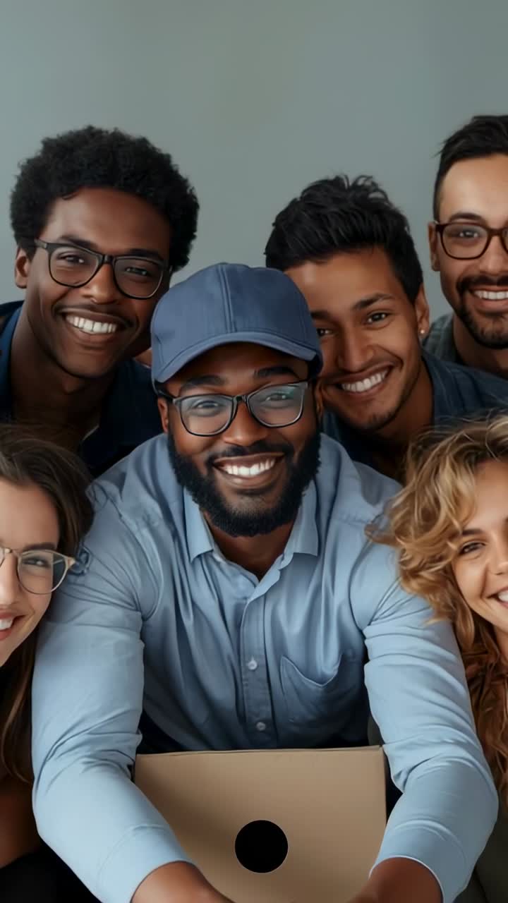 Vertical video: Camera zooming out revealing five friends leaning behind cardboard box in gray room