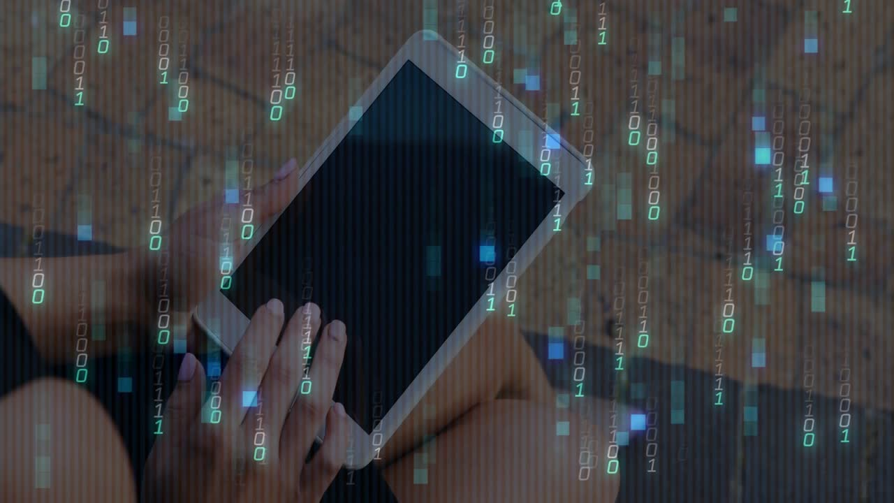 woman tapping tablet on bench in plaza for browsing content, with technology binary code cascading